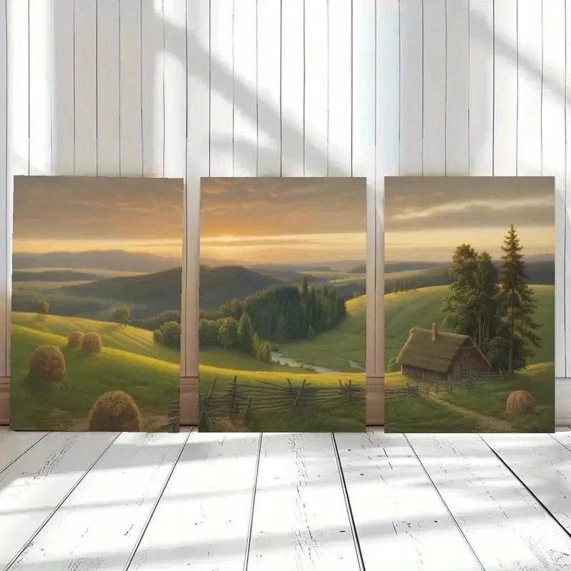 3pcs Cabin, Sunset, River, Pine Trees   Wall Art Set Canvas Framed 60x90cm - High Quality Print 100% Australian Made Wall Canvas Ready to Hang - Bella Home Decor