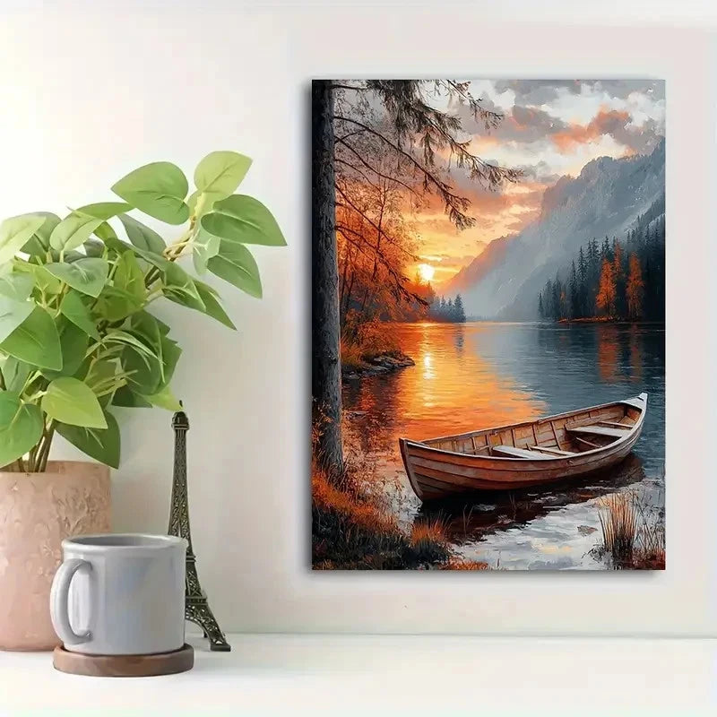 Beautiful Sunrise Lake Scenery Serene Painting 40x60cm Metal Print Ready to Hang - Bella Home Decor