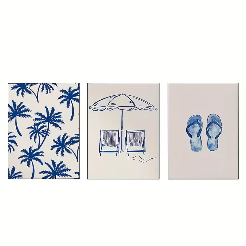 3pcs Palm Tree Beach Scene and Flip Flops  Wall Art Set Canvas Fraed 50x70cm - High Quality Print 100% Australian Made Wall Canvas Ready to Hang