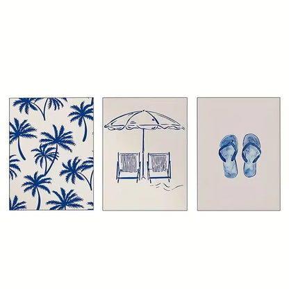 3pcs Palm Tree Beach Scene and Flip Flops  Wall Art Set Canvas Fraed 50x70cm - High Quality Print 100% Australian Made Wall Canvas Ready to Hang