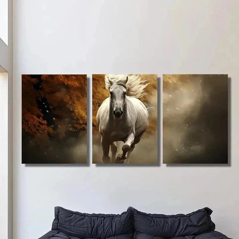 3pcs White Horse Galloping in Autumn Forest Wall Art Canvas Unframed - High Quality Print 100% Australian Made Wall Canvas