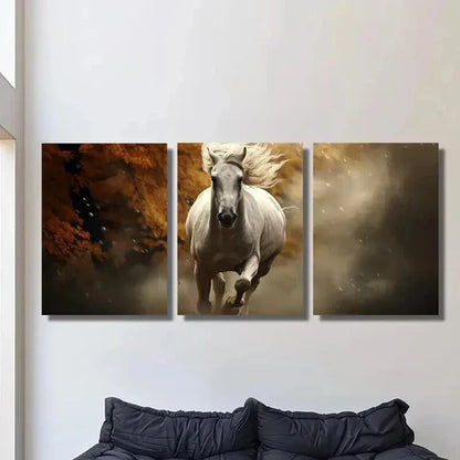 3pcs White Horse Galloping in Autumn Forest Wall Art Canvas Unframed - High Quality Print 100% Australian Made Wall Canvas