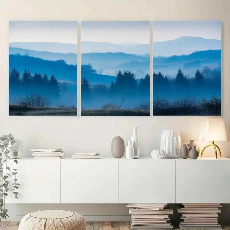 3pcs Landscape with Misty Forests and Snow-Capped Metal Print Ready to Hang Art