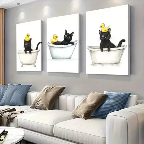 3 PCS Whimsical Black Cat & Duckling In Bathtub Wall Art Set Canvas Unframed - High Quality Print 100% Australian Made Wall Canvas