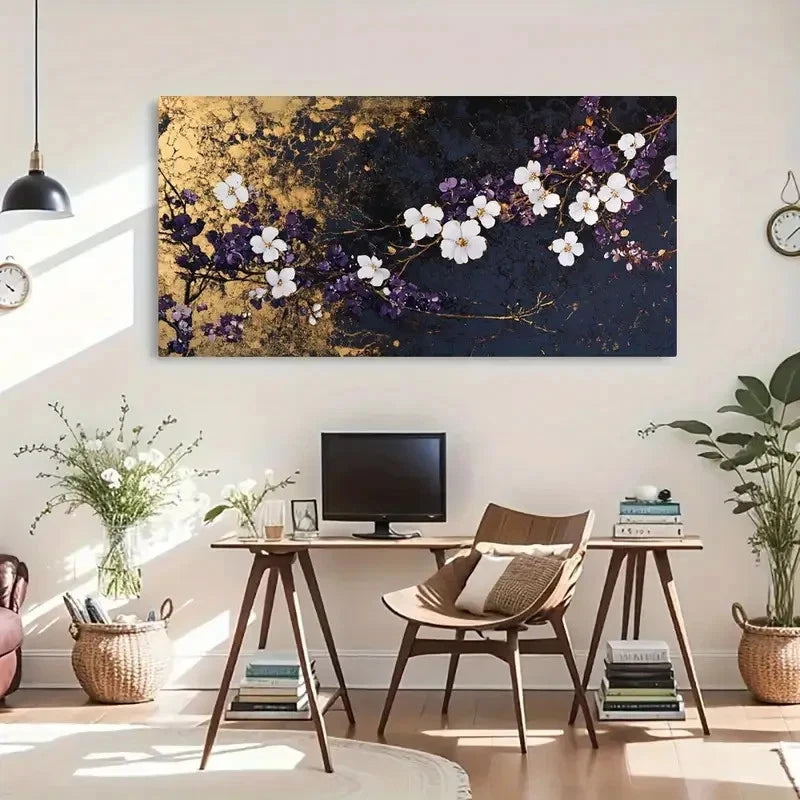 Flowers On Golden Background Wall Art Canvas Office Home Room Framed 120x60cm - Bella Home Decor