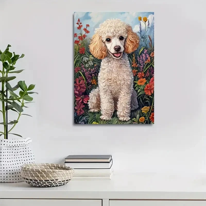 Cute Poodle Dog & Floral Botanical Painting 40x60cm Metal Print Ready to Hang - Bella Home Decor