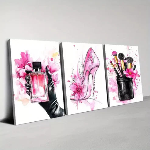 3pcs Chic Ladies Fashion with Pink Cosmetics Canvas Unframed - High Quality Print 100% Australian Made Wall Canvas - Bella Home Decor