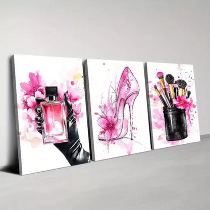 3pcs Chic Ladies Fashion with Pink Cosmetics Canvas Unframed - High Quality Print 100% Australian Made Wall Canvas - Bella Home Decor