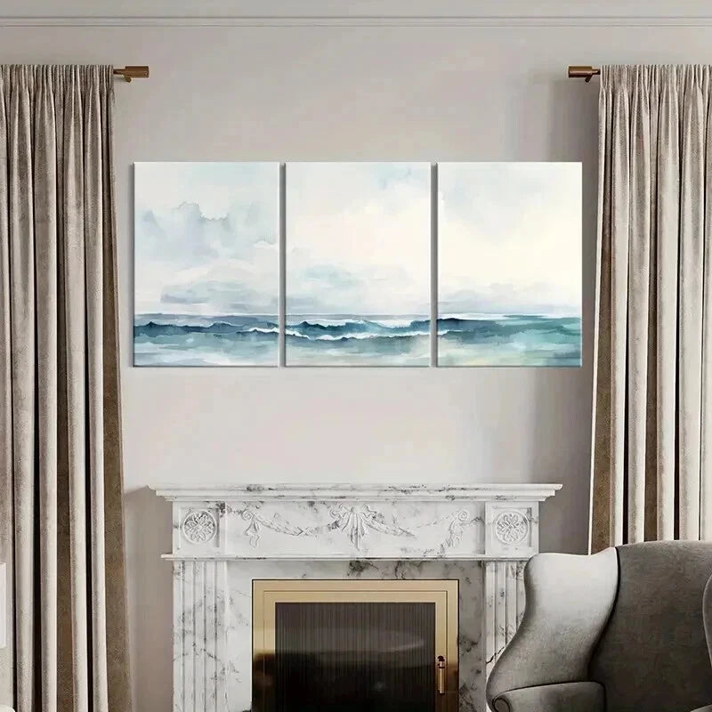 3pcs Tranquil Ocean Waves with Misty Sky Wall Art Set Canvas Framed 40x60cm - High Quality Print 100% Australian Made Wall Canvas Ready to Hang - Bella Home Decor
