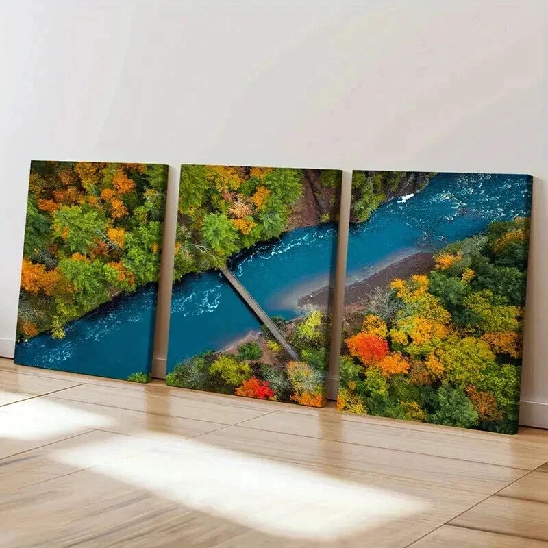 3pcs Modern Autumn Bridge Lake & Forest Wall Art Set Canvas Framed 40x60cm - High Quality Print 100% Australian Made Wall Canvas Ready to Hang - Bella Home Decor
