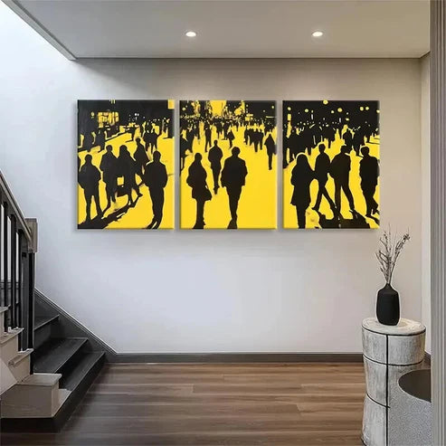 3pcs Yellow Black City Crowd Silhouette Perfect Wall Art Set Canvas Unframed - High Quality Print 100% Australian Made Wall Canvas