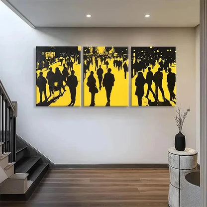 3pcs Yellow Black City Crowd Silhouette Perfect Wall Art Set Canvas Unframed - High Quality Print 100% Australian Made Wall Canvas