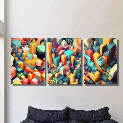 3pcs Mosaic Color Geometric City Top Cubic Wall Art Set Canvas Unframed - High Quality Print 100% Australian Made Wall Canvas