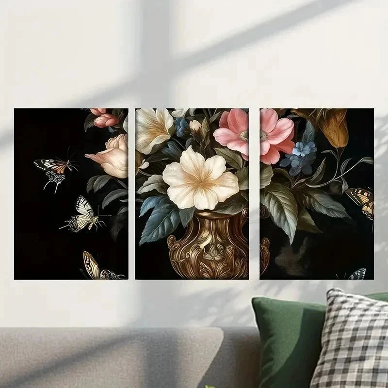 3pcs Flowers in a Vase with Butterflies Wall Art Set Canvas Framed 50x70cm - High Quality Print 100% Australian Made Wall Canvas Ready to Hang - Bella Home Decor