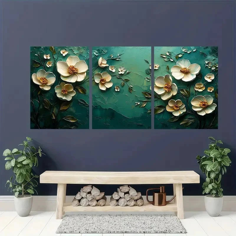 3pcs Abstract Floral Textured Art Green White Wall Art Set Canvas Framed 60x90cm - High Quality Print 100% Australian Made Wall Canvas Ready to Hang - Bella Home Decor