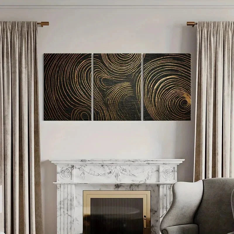 3pcs Elegant Abstract Golden Swirls Art Metal Print Ready to Hang Art - Bella Home Decor