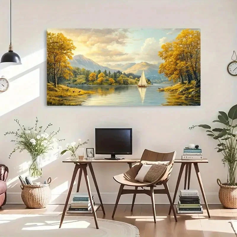 Classic Contemporary Retro Lake Wall Art Canvas Office Home Room Framed 120x60cm - Bella Home Decor