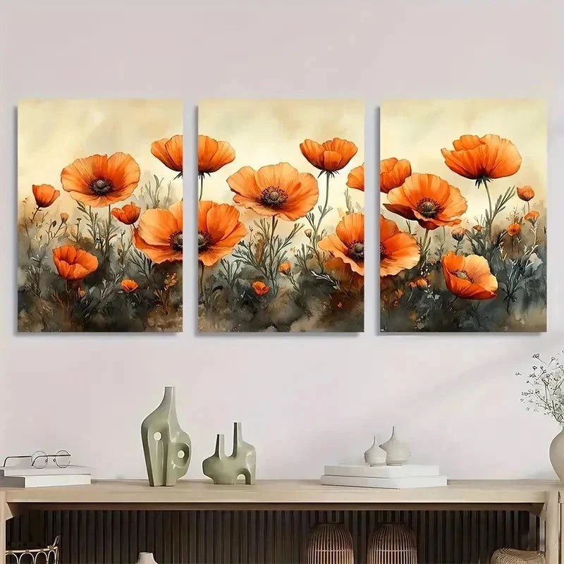 3pcs Vibrant Orange Poppies Blooming Perfect Wall Art Set Canvas Framed 50x70cm - High Quality Print 100% Australian Made Wall Canvas Ready to Hang - Bella Home Decor