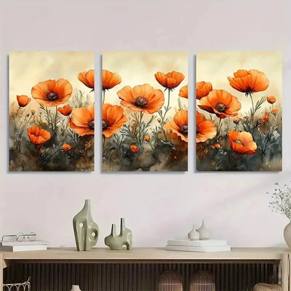 3pcs Vibrant Orange Poppies Blooming Perfect Wall Art Set Canvas Framed 50x70cm - High Quality Print 100% Australian Made Wall Canvas Ready to Hang - Bella Home Decor
