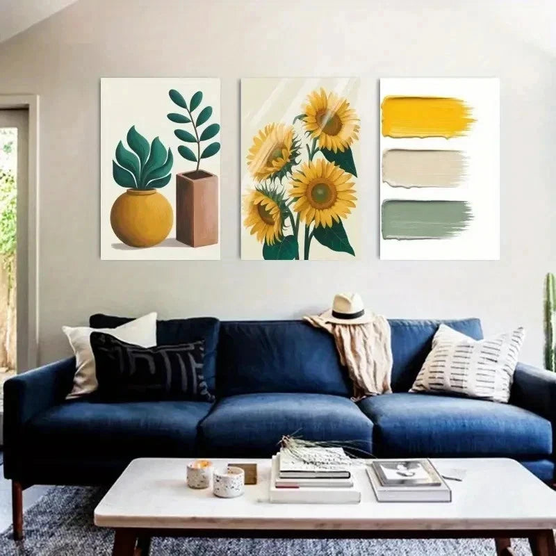 3pcs Sunflower, Green Leaves, Potted   Wall Art Set Canvas Framed 60x90cm - High Quality Print 100% Australian Made Wall Canvas Ready to Hang - Bella Home Decor