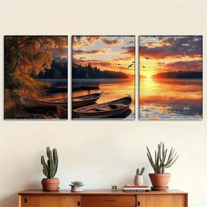 3pcs Beautiful Serene Lakeside Sunset Nature Wall Art Canvas Unframed - High Quality Print 100% Australian Made Wall Canvas - Bella Home Decor