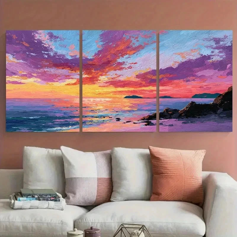 3pcs Sunset Beach Vibrant Coastal Scene Perfect Wall Art Set Canvas Framed 40x60cm - High Quality Print 100% Australian Made Wall Canvas Ready to Hang