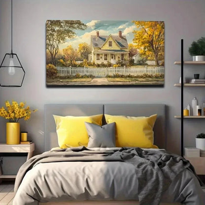 Vibrant House And Fence Scene Wall Art Canvas Office Home Room Framed 120x60cm