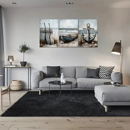 3pcs Beach Scene Nautical Boat Anchor & Seashells Metal Print Ready to Hang Art - Bella Home Decor