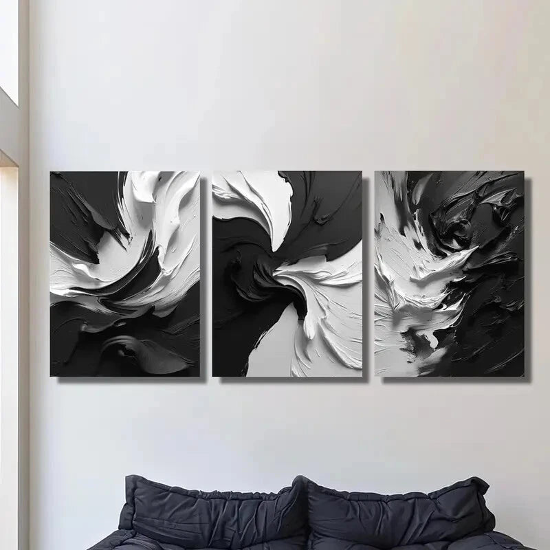 3pcs Abstract Black And White Thick Textured Wall Art Set Canvas Framed 50x70cm - High Quality Print 100% Australian Made Wall Canvas Ready to Hang - Bella Home Decor