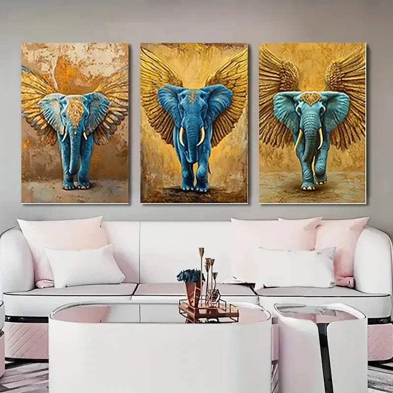 3pcs  Elephant Golden & Blue  Wall Art Set Canvas Framed 60x90cm - High Quality Print 100% Australian Made Wall Canvas Ready to Hang - Bella Home Decor