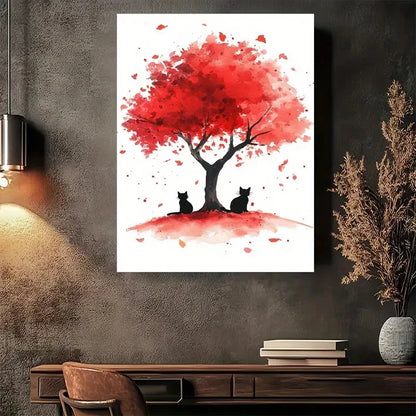 Beautiful Autumn Cats Under Red Tree Painting 40x60cm Metal Print Ready to Hang - Bella Home Decor