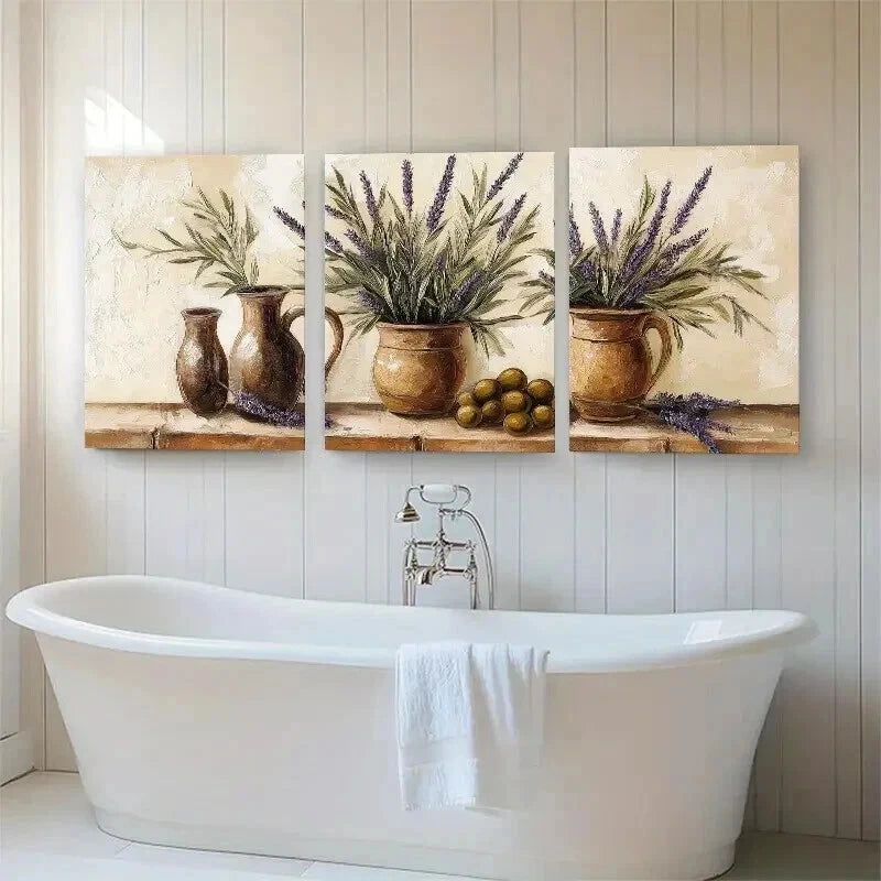 3pcs Lavender And Olive In Rustic Vases Wall Art Set Canvas Framed 50x70cm - High Quality Print 100% Australian Made Wall Canvas Ready to Hang
