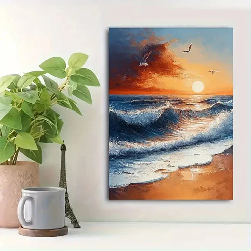 Beautiful Coastal Seascape With Birds Painting 60x90cm Metal Print Ready to Hang
