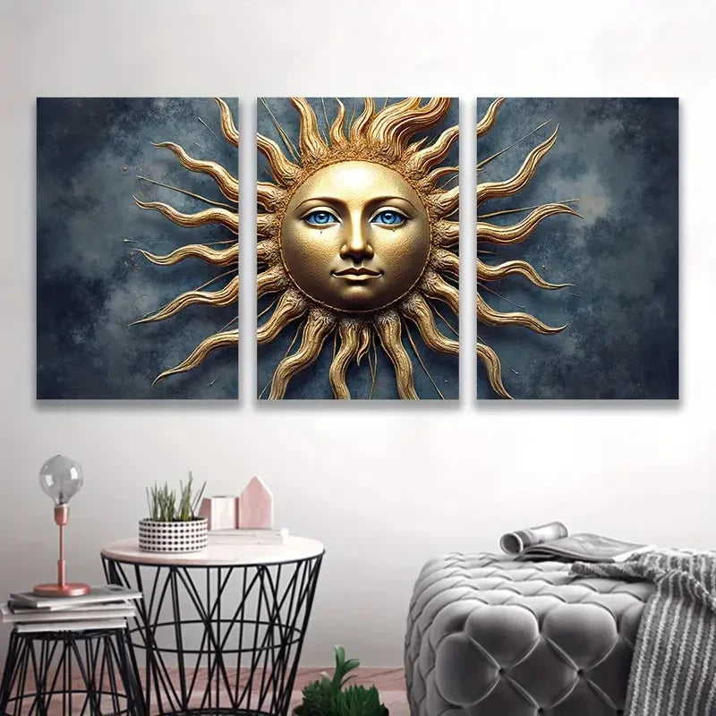 3pcs Golden Sun with Human Face, Blue & Golden  Wall Art Set Canvas Framed 50x70cm - High Quality Print 100% Australian Made Wall Canvas Ready to Hang - Bella Home Decor