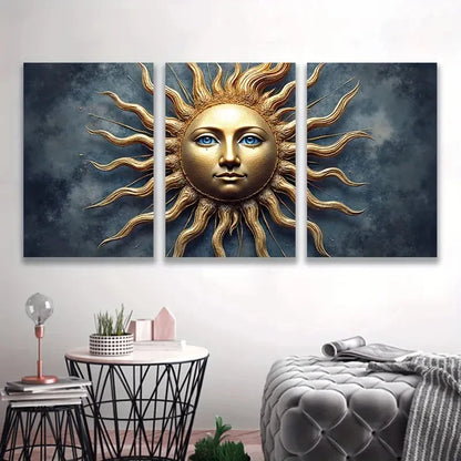 3pcs Golden Sun with Human Face, Blue & Golden  Wall Art Set Canvas Framed 50x70cm - High Quality Print 100% Australian Made Wall Canvas Ready to Hang - Bella Home Decor
