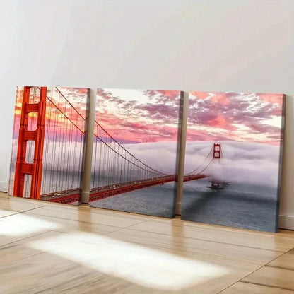 3pcs Golden Gate Bridge at Sunset Wall Art Set Canvas Framed 40x60cm - High Quality Print 100% Australian Made Wall Canvas Ready to Hang - Bella Home Decor