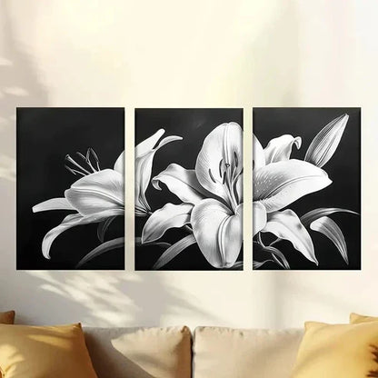 3pcs Dark Black and White Lily Wall Art Set Canvas Unframed – High Quality Print 100% Australian Made Wall Canvas - Bella Home Decor