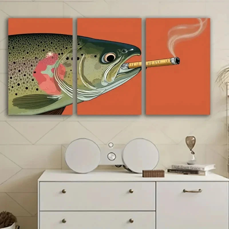 3pcs Rainbow Trout With Cigarette Wall Art Set Canvas Framed 40x60cm - High Quality Print 100% Australian Made Wall Canvas Ready to Hang