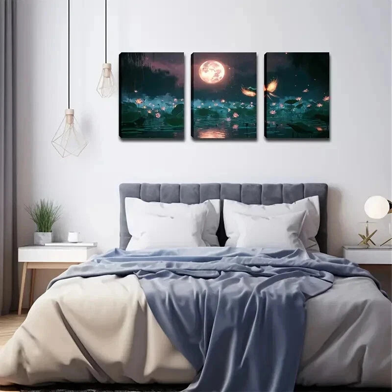 3pcs Moonlight For Lotus Blossoms Perfect Wall Art Set Canvas Framed 50x70cm - High Quality Print 100% Australian Made Wall Canvas Ready to Hang - Bella Home Decor