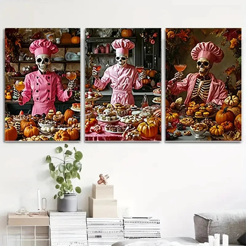 3pcs Whimsical Skeleton Chef   Wall Art Canvas Framed 40x60cm - High Quality Print 100% Australian Made Wall Canvas Ready to Hang - Bella Home Decor