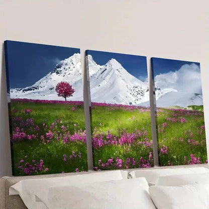 3pcs Snow Capped Mountain & Wildflowers Wall Art Set Canvas Unframed - High Quality Print 100% Australian Made Wall Canvas