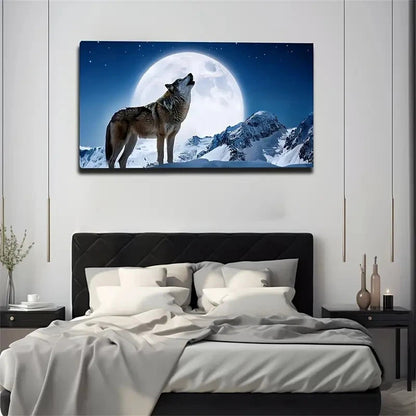 Moonlit Snow Wolf Wall Art Canvas Office Home Room Framed 120x60cm