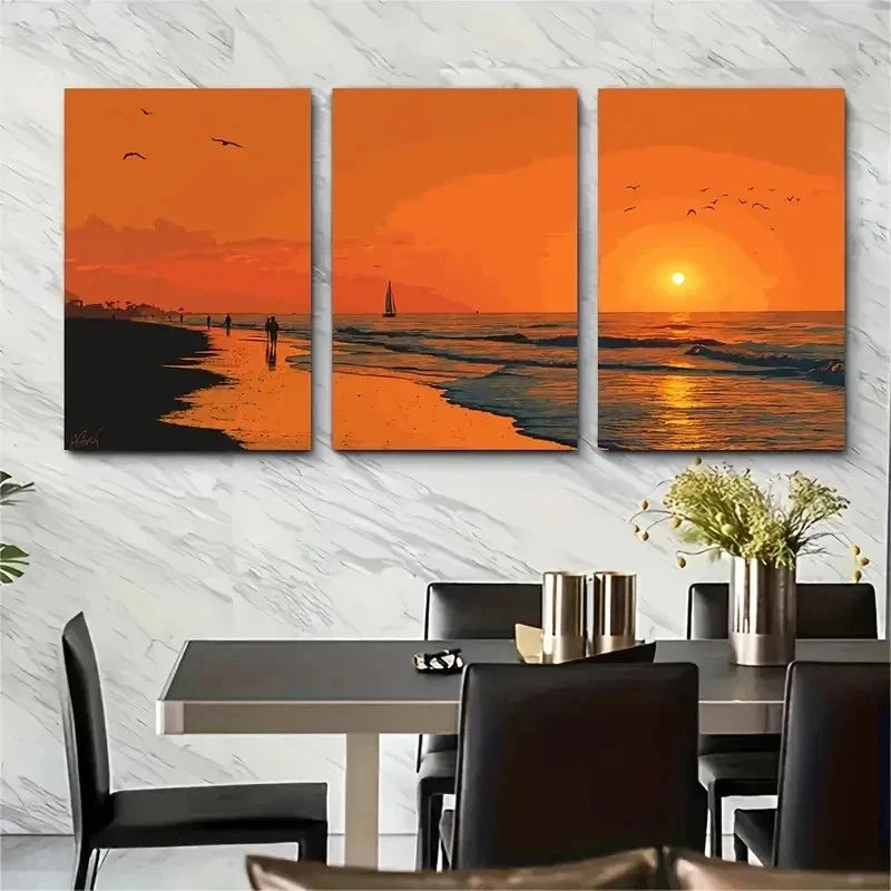 3pcs Ocean Sunset Sailboat & Birds Perfect Wall Art Set Canvas Framed 50x70cm - High Quality Print 100% Australian Made Wall Canvas Ready to Hang