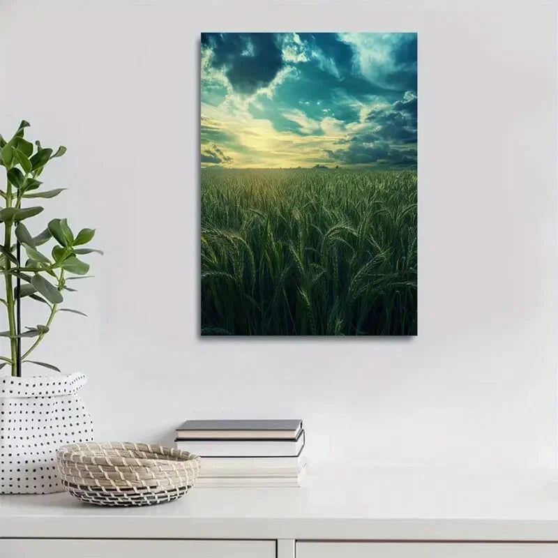 Emerald Wheat Grassland Vibrant Nature Painting 40x60cm Metal Print Ready to Hang - Bella Home Decor