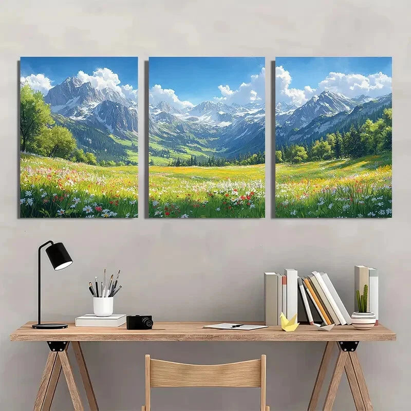 3pcs Alpine Meadows & Mountain Valley Landscape Metal Print Ready to Hang Art - Bella Home Decor