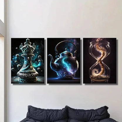 3pcs Fantasy Art, Magic Container Chess, Teapot Wall Art Set Canvas Unframed - High Quality Print 100% Australian Made Wall Canvas