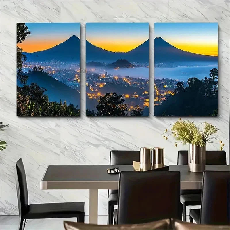 3pcs Guatemala Cityscape & Volcano Sun Perfect Wall Art Set Canvas Framed 50x70cm - High Quality Print 100% Australian Made Wall Canvas Ready to Hang