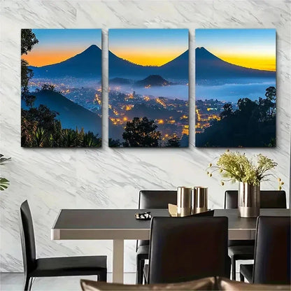 3pcs Guatemala Cityscape & Volcano Sun Perfect Wall Art Set Canvas Framed 50x70cm - High Quality Print 100% Australian Made Wall Canvas Ready to Hang