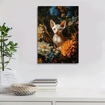 Charming Sphynx Kitten with Vibrant Floral Painting 40x60cm Metal Print Ready to Hang - Bella Home Decor