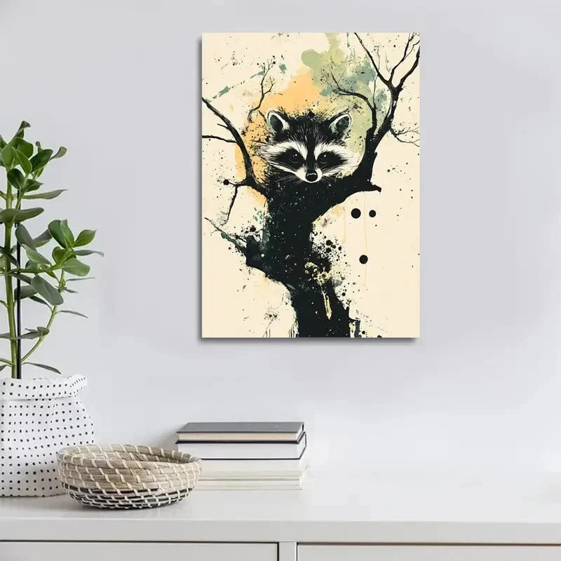 Abstract Raccoon in Tree Design Painting 40x60cm Metal Print Ready to Hang - Bella Home Decor